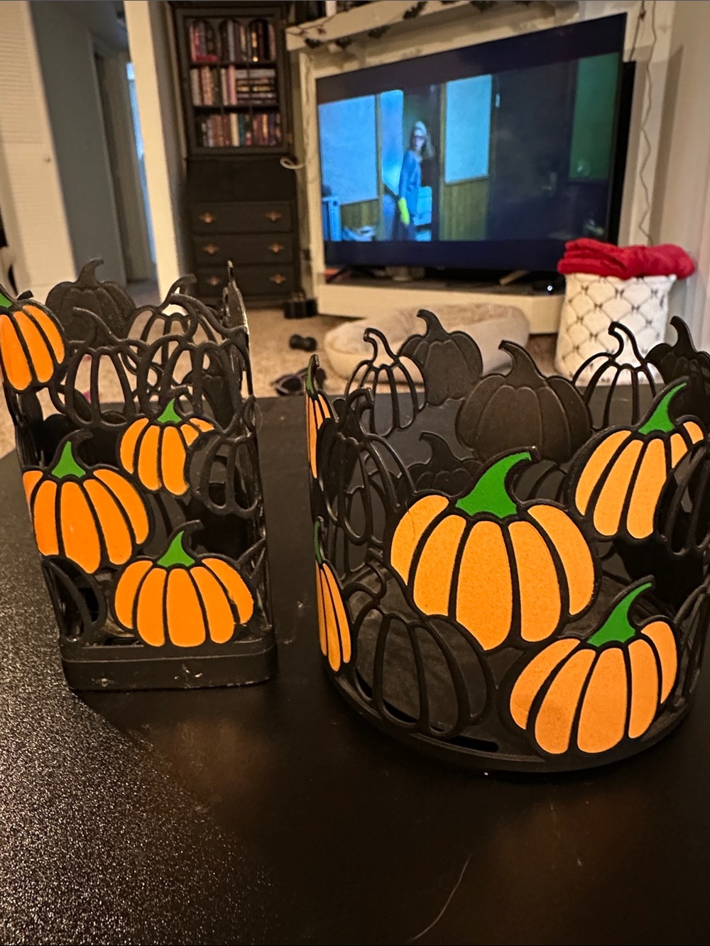 Festive Pumpkin Metal Candle and Soap Holder Set - Orange & Black
